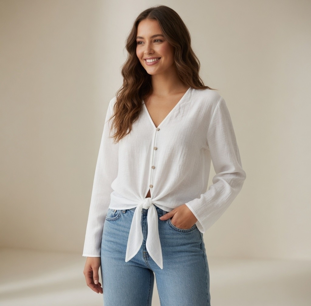 MNG Mango White Sheer Long Sleeve Knot Front Blouse Top Size 4